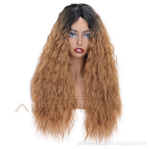 Aisi Hair Heat Resistant Synthetic Fiber Long Wavy Lace Part Wigs Ombre Brown Long Wave Wigs for American African Women
